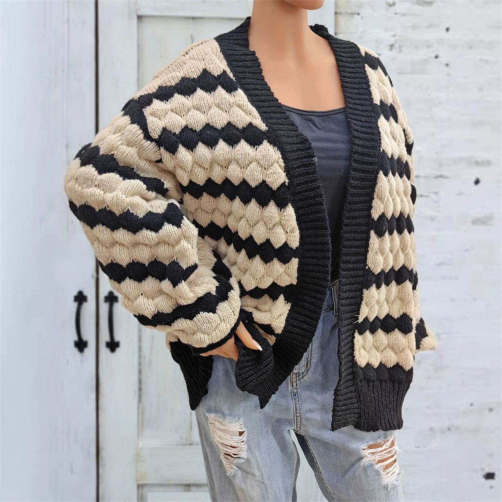Forever 21 Fall Winter Warm Cardigan 3D Contrast Stripe Knitted Casual - Picture 4 of 6